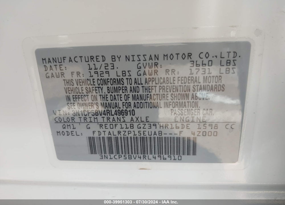 2024 NISSAN KICKS S XTRONIC CVT VIN: 3N1CP5BV4RL496910