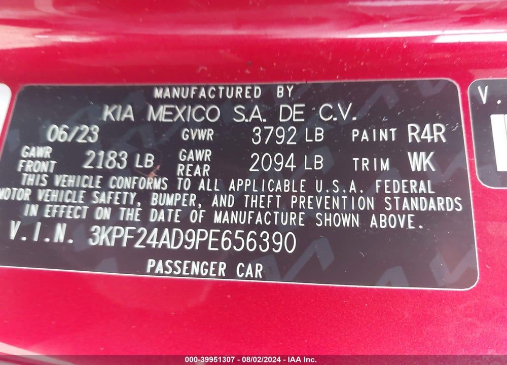 2023 KIA FORTE LXS VIN: 3KPF24AD9PE656390