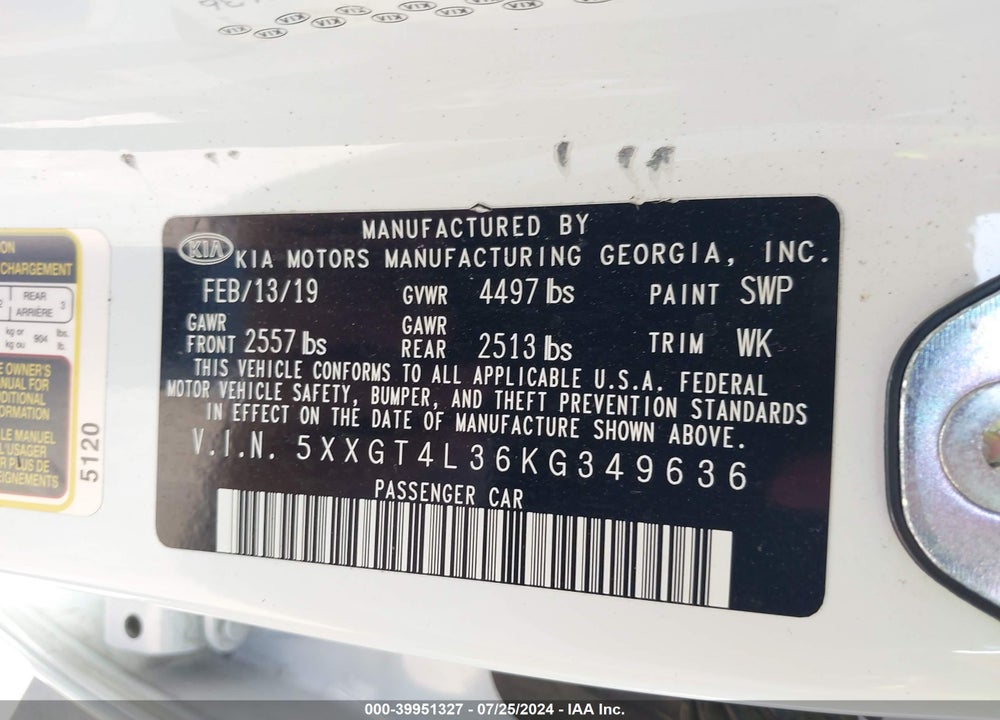 2019 KIA OPTIMA LX VIN: 5XXGT4L36KG349636