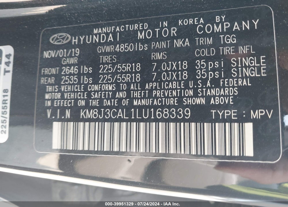 2020 HYUNDAI TUCSON SEL VIN: KM8J3CAL1LU168339