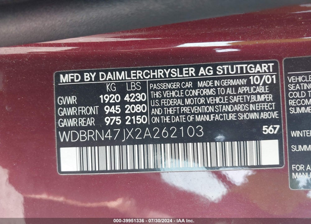 2002 MERCEDES-BENZ C 230 VIN: WDBRN47JX2A262103