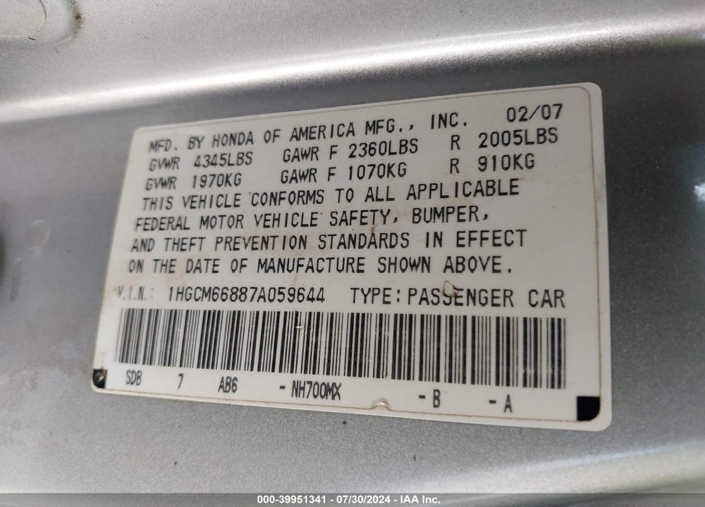 2007 HONDA ACCORD 3.0 EX VIN: 1HGCM66887A059644
