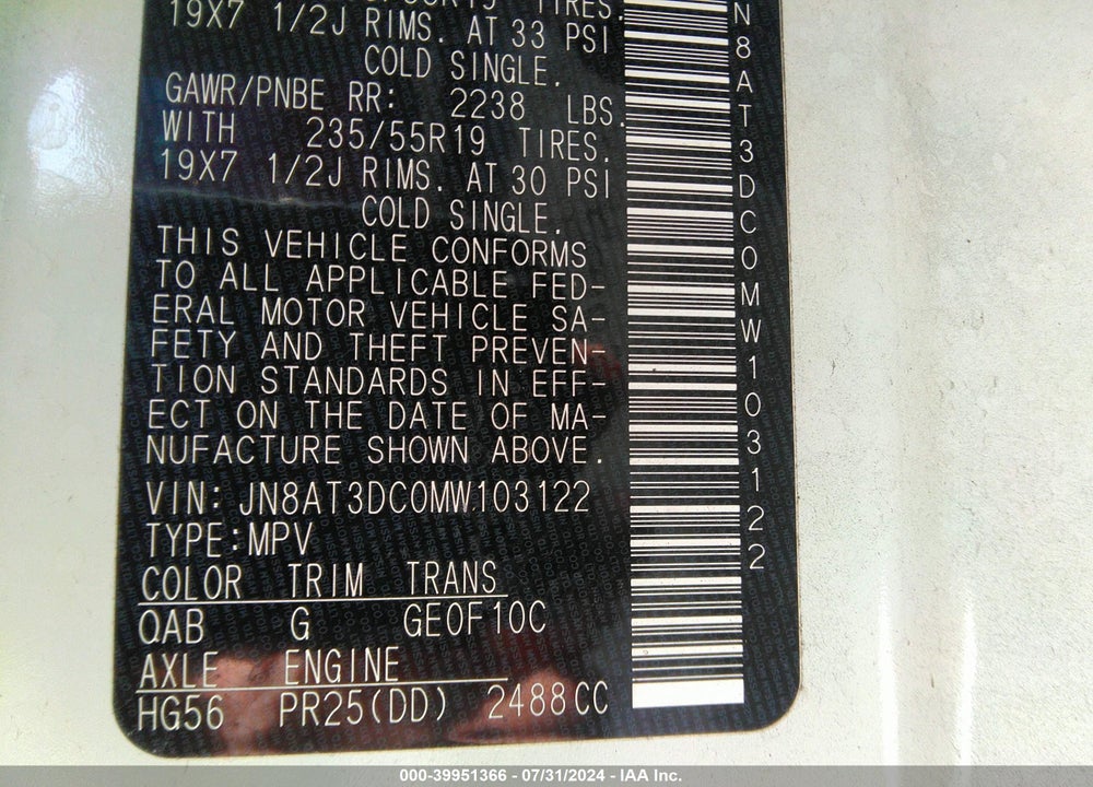 2021 NISSAN ROGUE PLATINUM FWD VIN: JN8AT3DC0MW103122