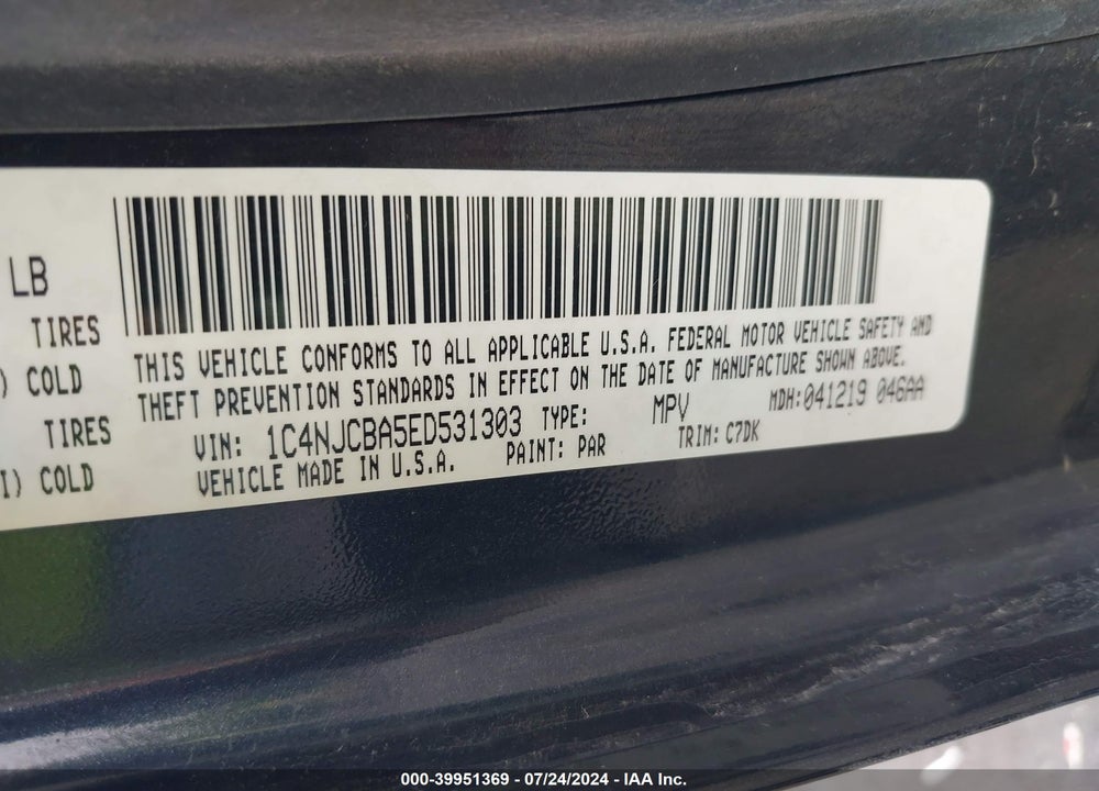 2014 JEEP COMPASS SPORT VIN: 1C4NJCBA5ED531303