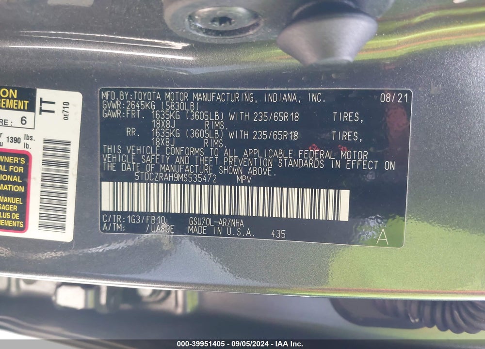 2021 TOYOTA HIGHLANDER L VIN: 5TDCZRAH9MS535472