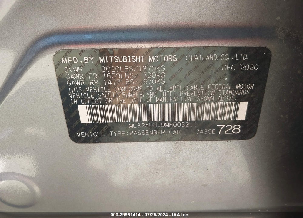 2021 MITSUBISHI MIRAGE CARBONITE EDITION/ES/LE VIN: ML32AUHJ9MH003211