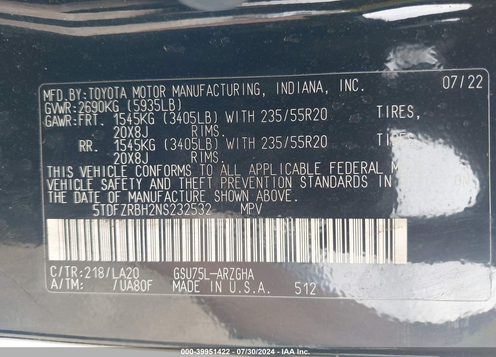 2022 TOYOTA HIGHLANDER LIMITED VIN: 5TDFZRBH2NS232532