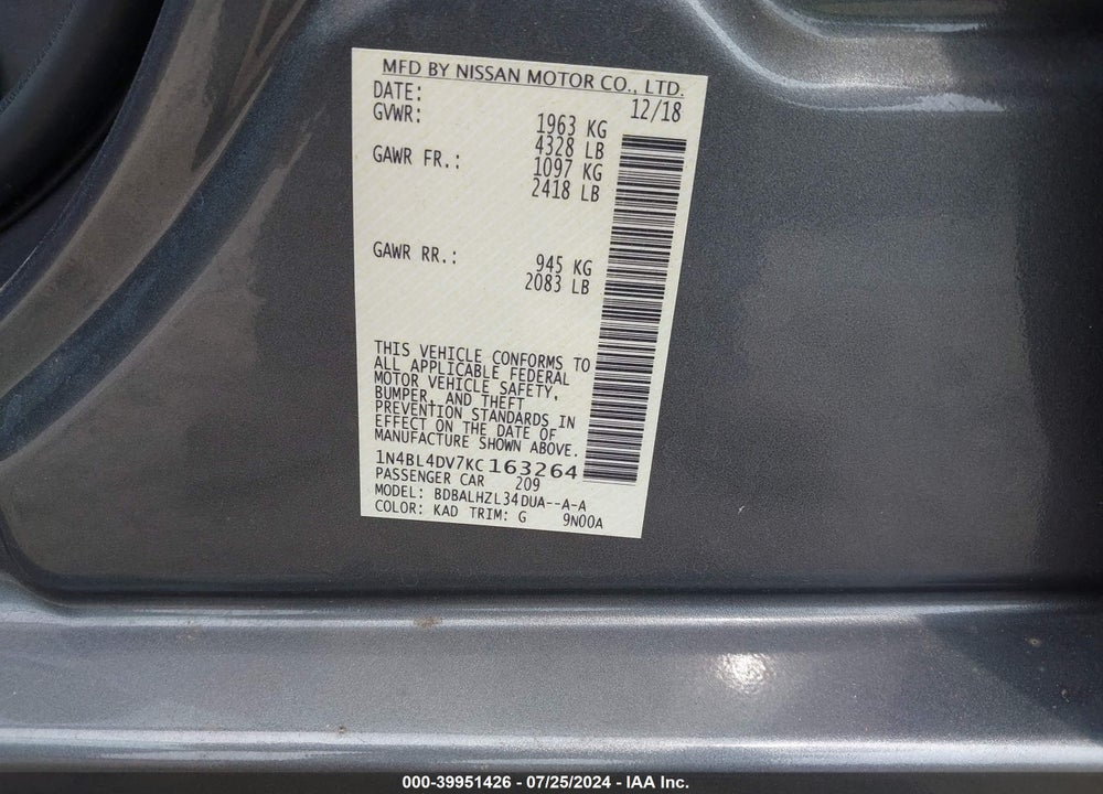 2019 NISSAN ALTIMA 2.5 SV VIN: 1N4BL4DV7KC163264