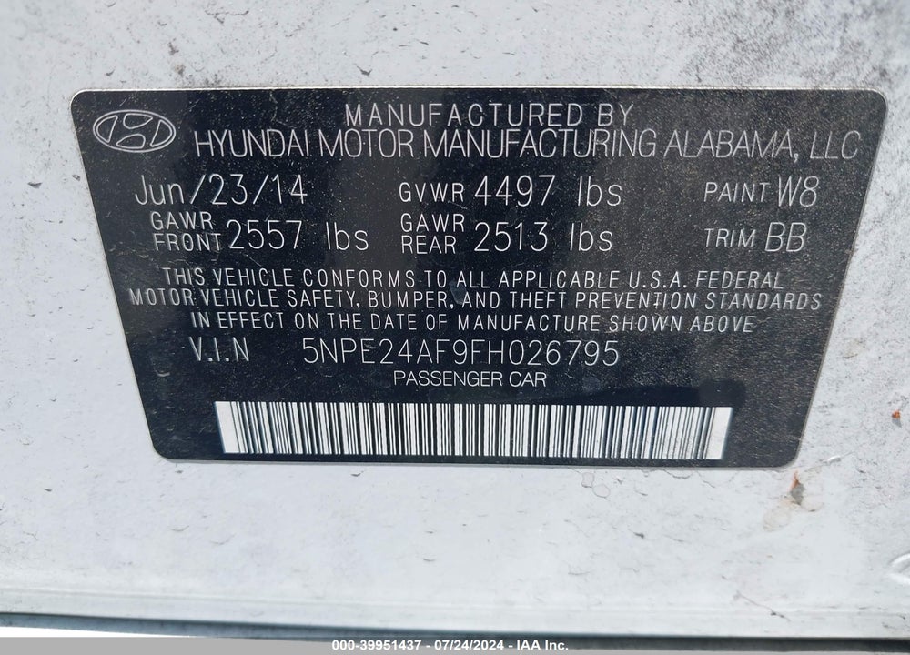 2015 HYUNDAI SONATA SE VIN: 5NPE24AF9FH026795