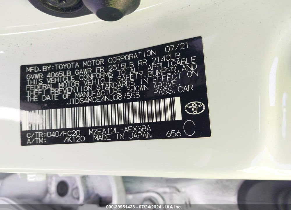 2022 TOYOTA COROLLA SE VIN: JTDS4MCE4NJ087558