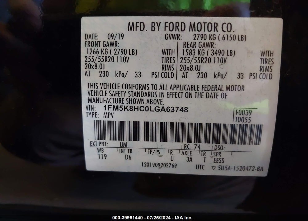 2020 FORD EXPLORER PLATINUM VIN: 1FM5K8HC0LGA63748