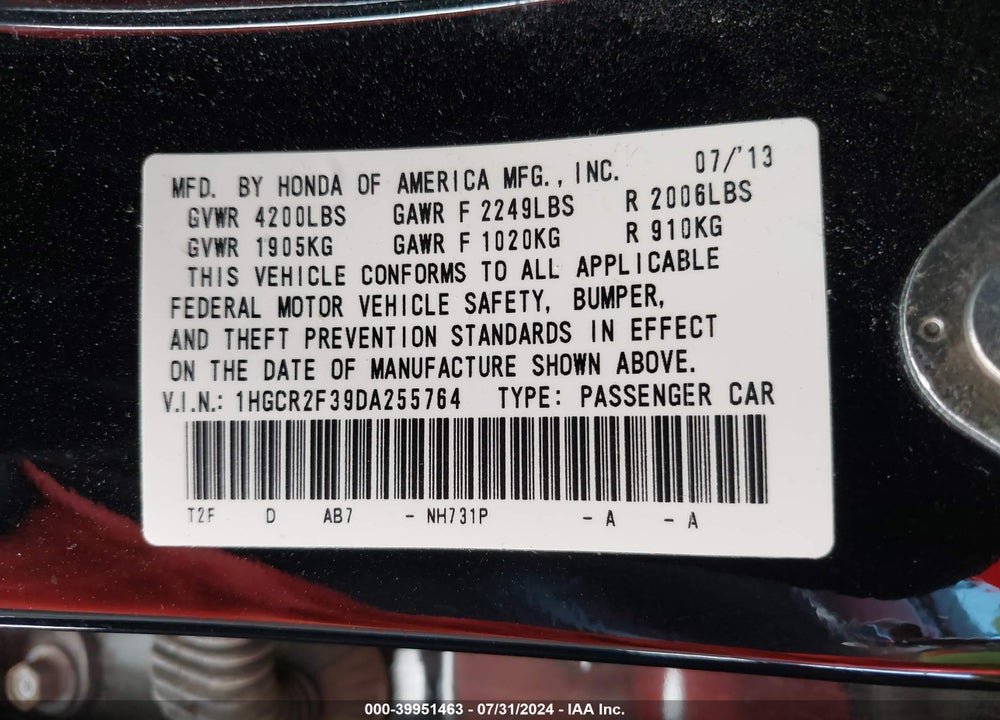 2013 HONDA ACCORD VIN: 1HGCR2F39DA255764
