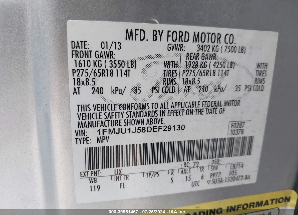 2013 FORD EXPEDITION XLT VIN: 1FMJU1J58DEF29130