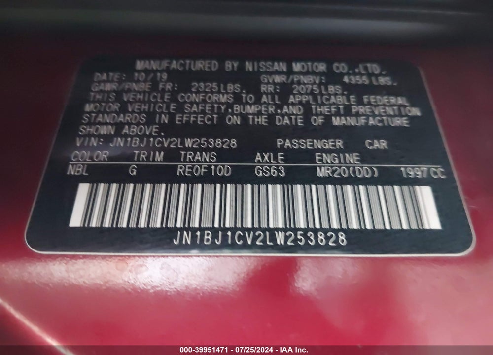 2020 NISSAN ROGUE SPORT S FWD XTRONIC CVT VIN: JN1BJ1CV2LW253828