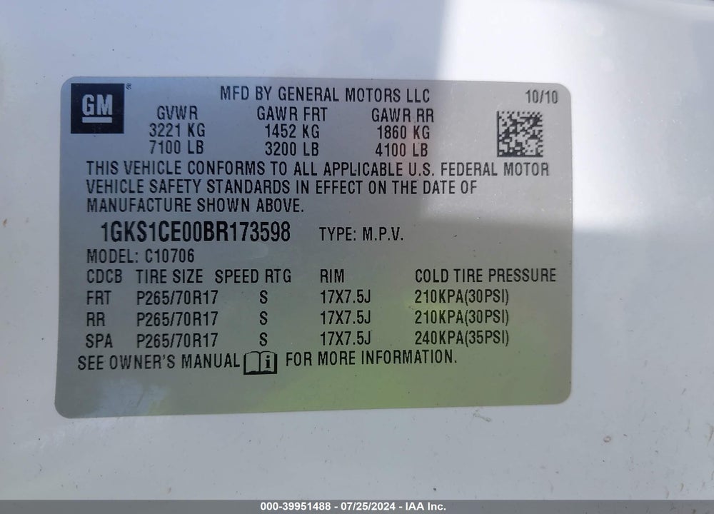 2011 GMC YUKON SLT VIN: 1GKS1CE00BR173598