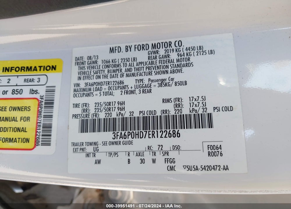 2014 FORD FUSION SE VIN: 3FA6P0HD7ER122686