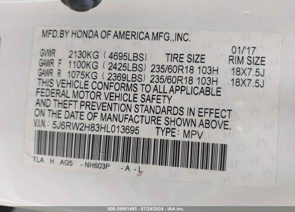 2017 HONDA CR-V EXL VIN: 5J6RW2H83HL013695