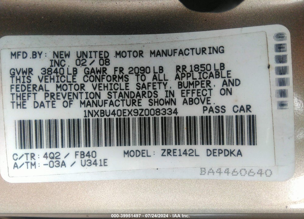 2009 TOYOTA COROLLA LE VIN: 1NXBU40EX9Z008334