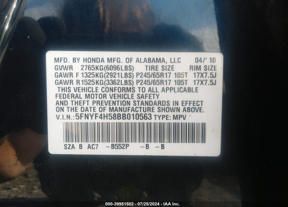 2011 HONDA PILOT EX-L VIN: 5FNYF4H58BB010563