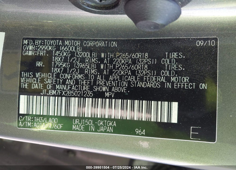 2011 LEXUS 460 VIN: JTJBM7FX2B5021235