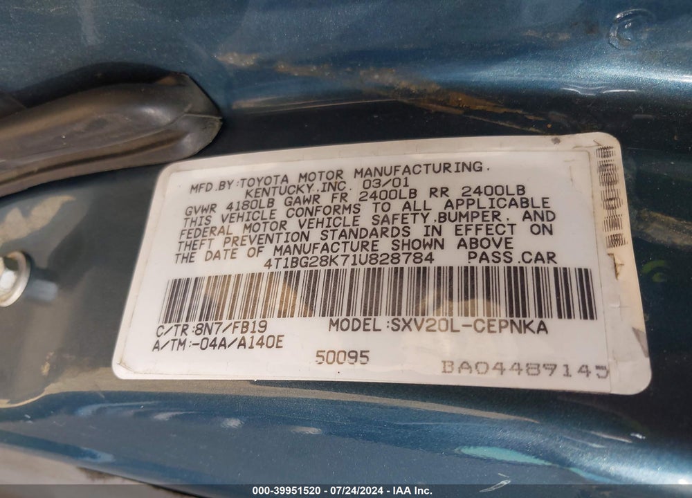2001 TOYOTA CAMRY CE/LE/XLE VIN: 4T1BG28K71U828784