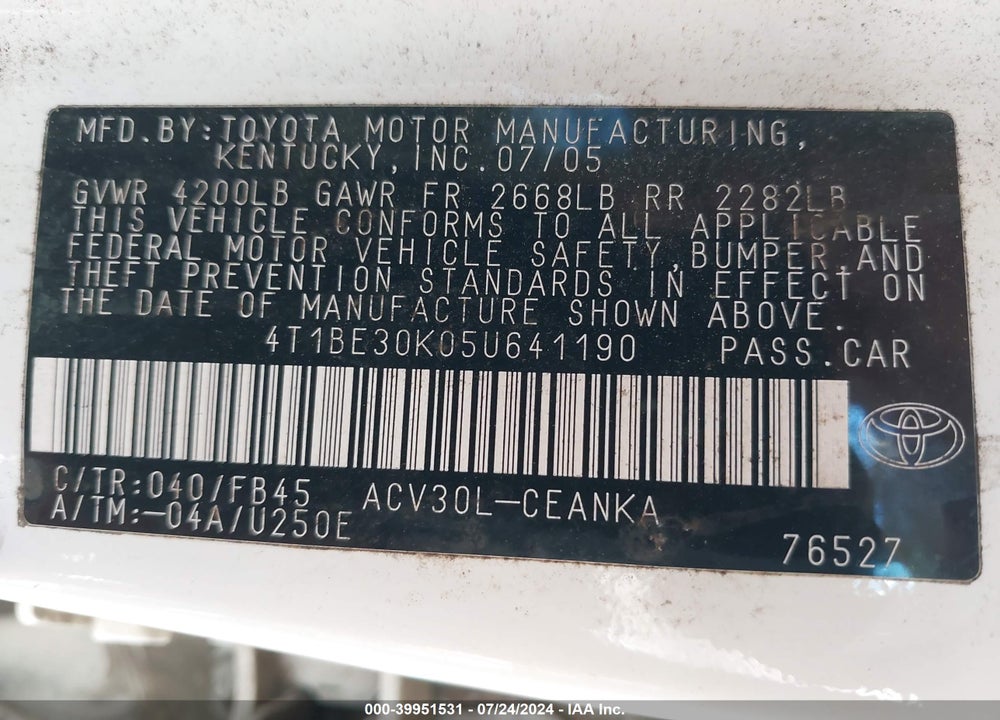 2005 TOYOTA CAMRY LE/SE/XLE VIN: 4T1BE30K05U641190