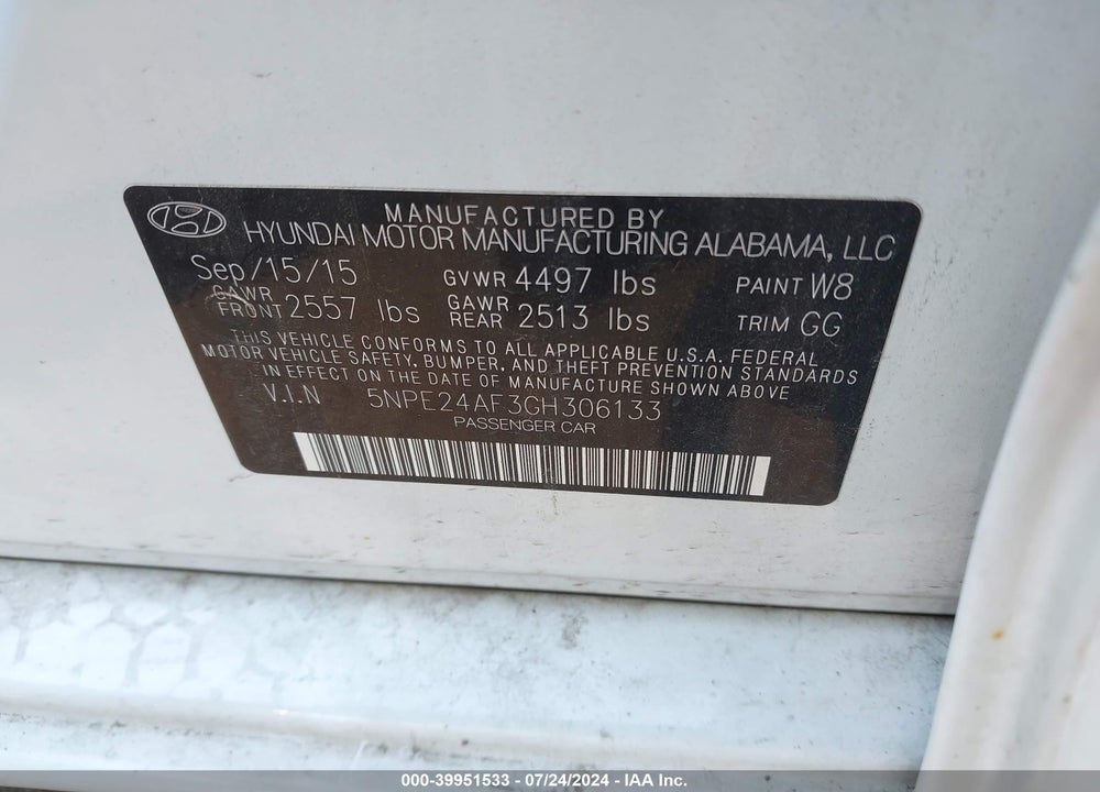 2016 HYUNDAI SONATA SE VIN: 5NPE24AF3GH306133