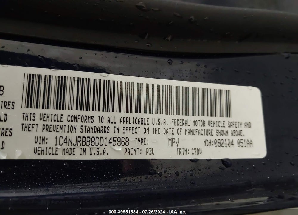 2013 JEEP PATRIOT SPORT VIN: 1C4NJRBB8DD145968