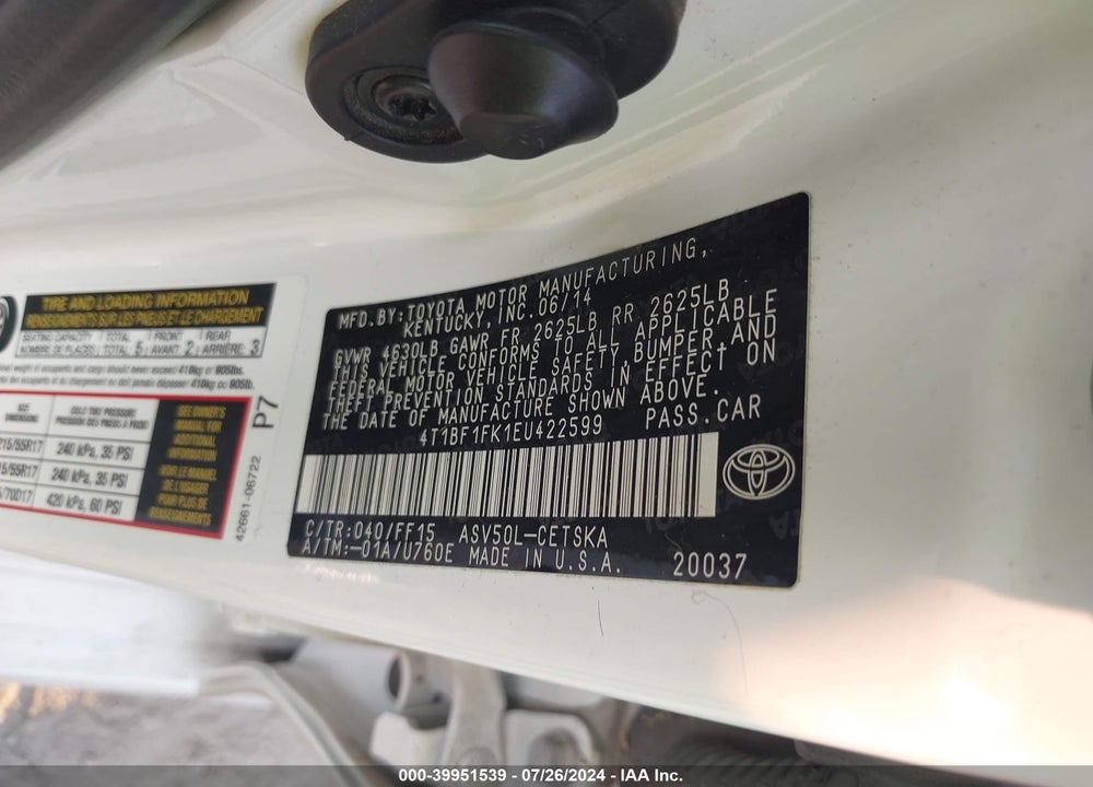 2014 TOYOTA CAMRY SE VIN: 4T1BF1FK1EU422599