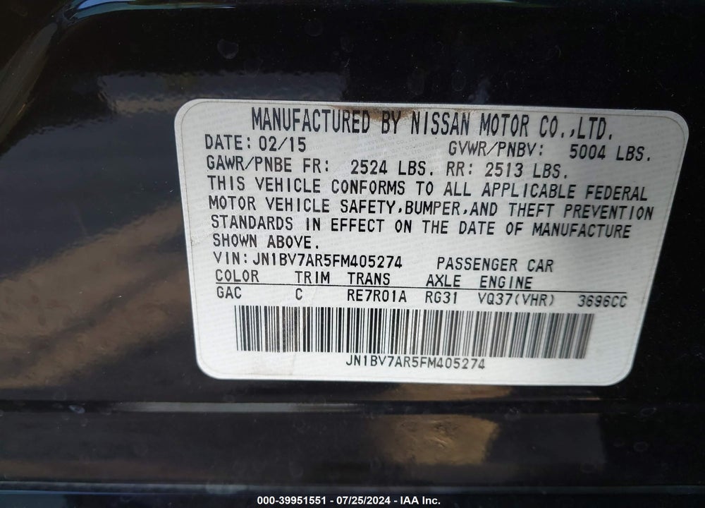 2015 INFINITI Q50 PREMIUM VIN: JN1BV7AR5FM405274