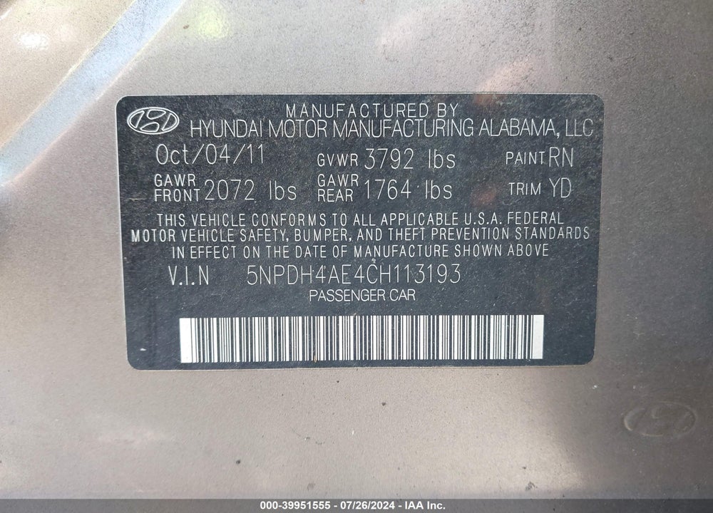 2012 HYUNDAI ELANTRA GLS VIN: 5NPDH4AE4CH113193