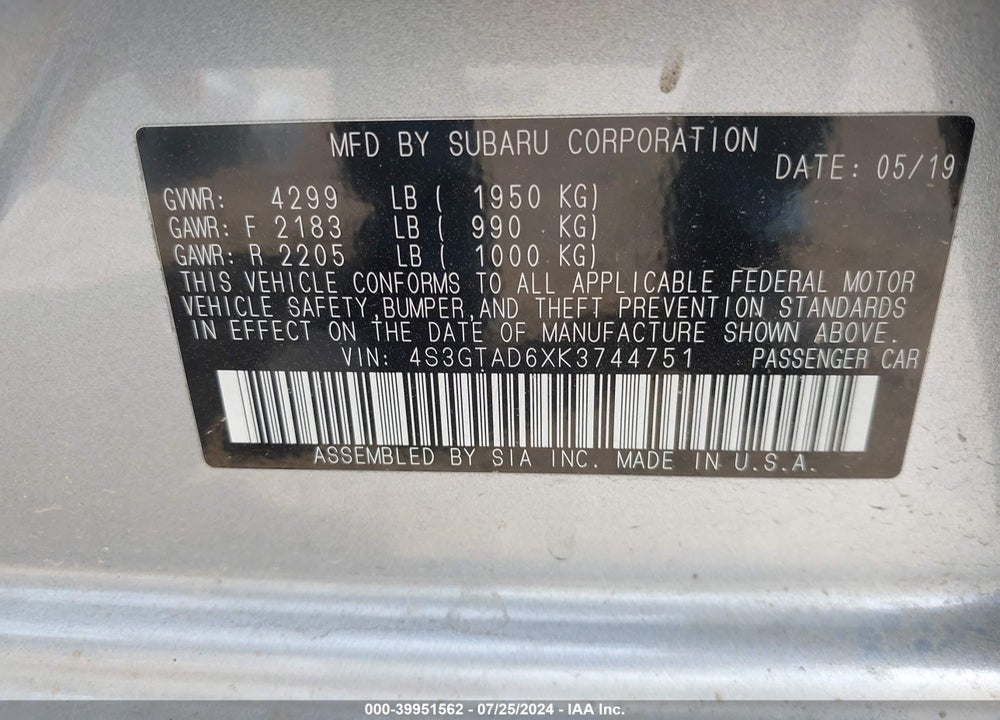 2019 SUBARU IMPREZA 2.0I PREMIUM VIN: 4S3GTAD6XK3744751
