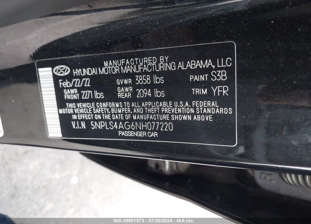 2022 HYUNDAI ELANTRA SEL VIN: 5NPLS4AG6NH077220