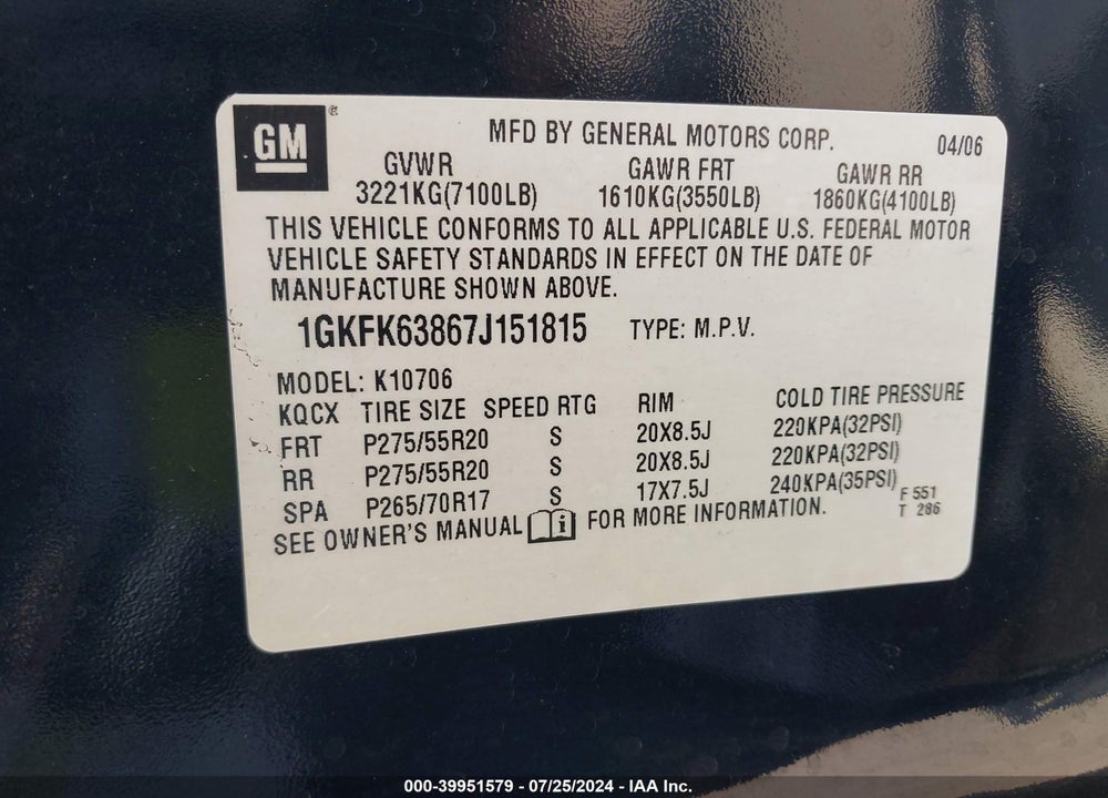 2007 GMC YUKON DENALI VIN: 1GKFK63867J151815