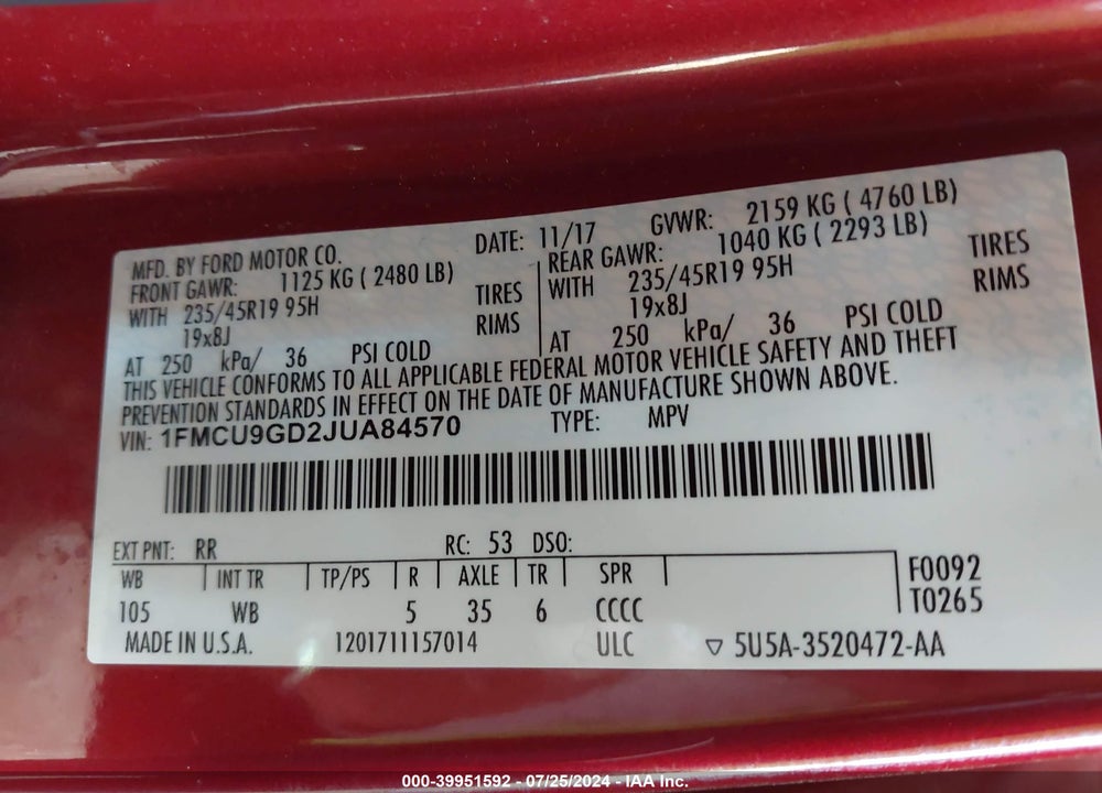 2018 FORD ESCAPE SE VIN: 1FMCU9GD2JUA84570