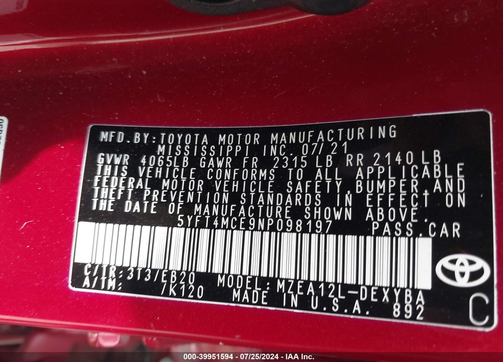 2022 TOYOTA COROLLA XSE/XSE APEX EDITION VIN: 5YFT4MCE9NP098197
