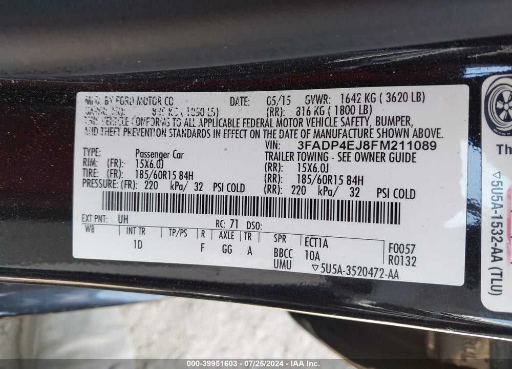 2015 FORD FIESTA SE VIN: 3FADP4EJ8FM211089