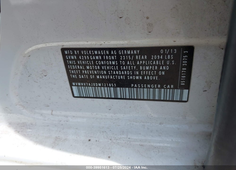 2013 VOLKSWAGEN GTI 4-DOOR VIN: WVWHV7AJXDW121853