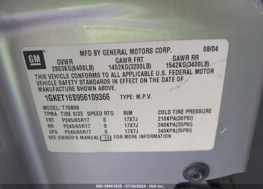 2005 GMC ENVOY XL SLE VIN: 1GKET16S956109366