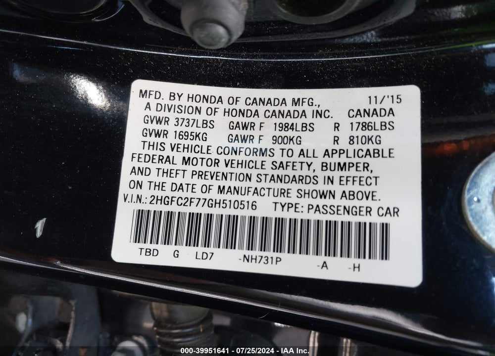 2016 HONDA CIVIC EX VIN: 2HGFC2F77GH510516