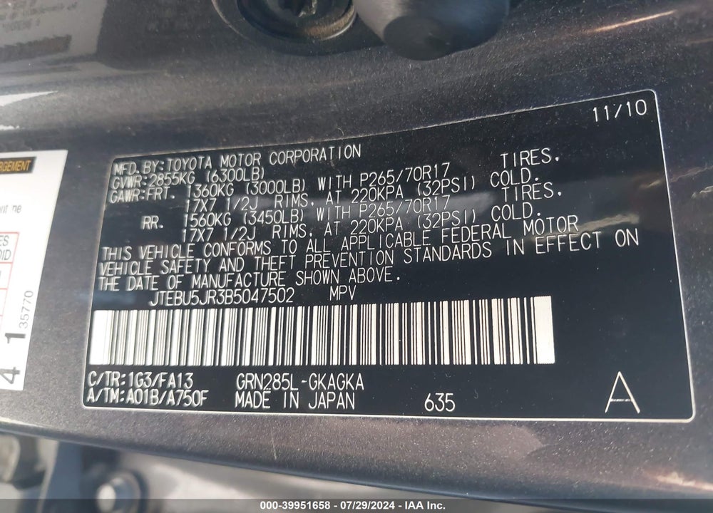 2011 TOYOTA 4RUNNER LIMITED V6/SR5 V6/TRAIL V6 VIN: JTEBU5JR3B5047502