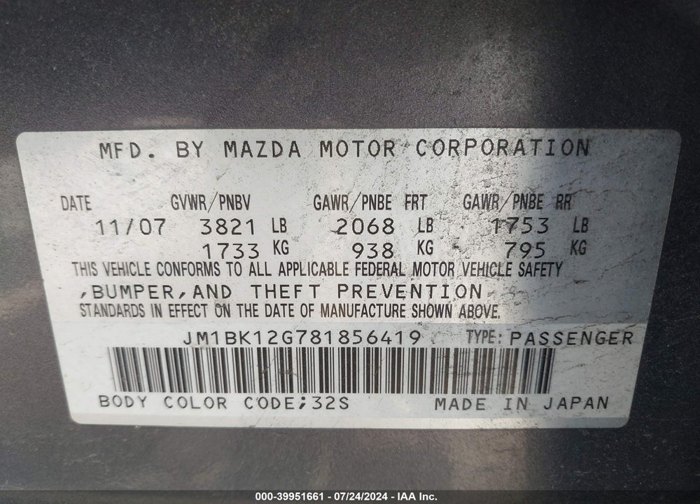 2008 MAZDA 3 I SPORT VIN: JM1BK12G781856419