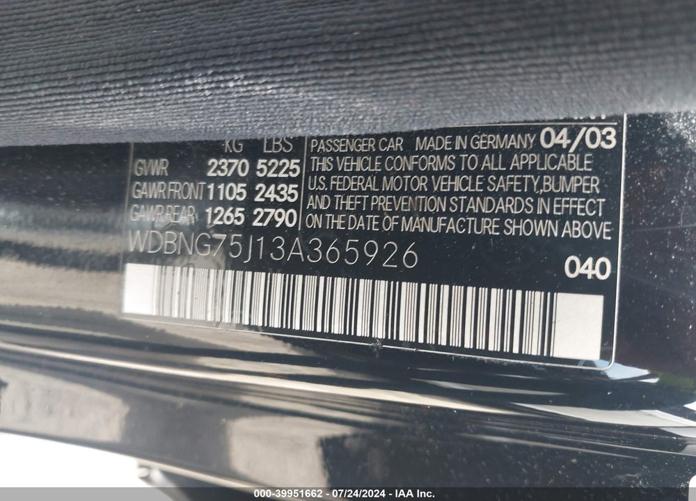 2003 MERCEDES-BENZ S 500 VIN: WDBNG75J13A365926