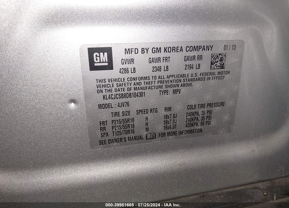 2013 BUICK ENCORE VIN: KL4CJCSB8DB104301