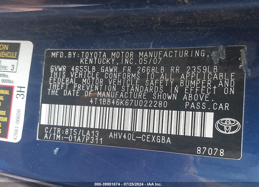 2007 TOYOTA CAMRY HYBRID VIN: 4T1BB46K67U022280