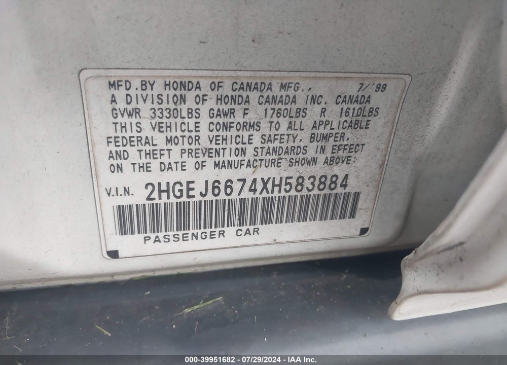 1999 HONDA CIVIC LX VIN: 2HGEJ6674XH583884