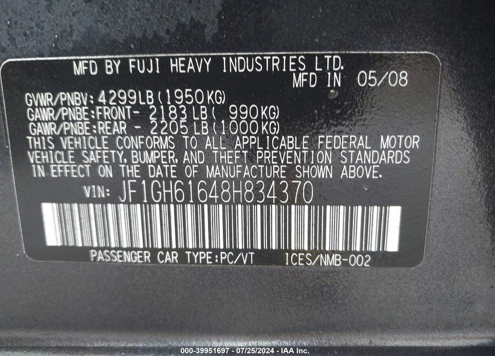 2008 SUBARU IMPREZA 2.5I VIN: JF1GH61648H834370