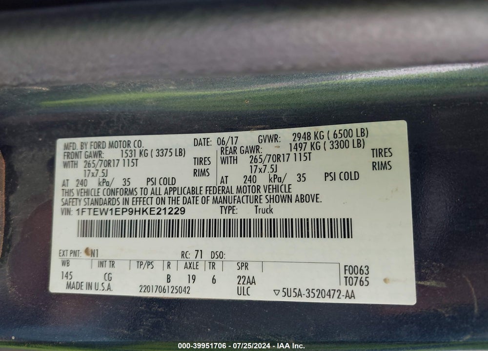 2017 FORD F-150 XL VIN: 1FTEW1EP9HKE21229