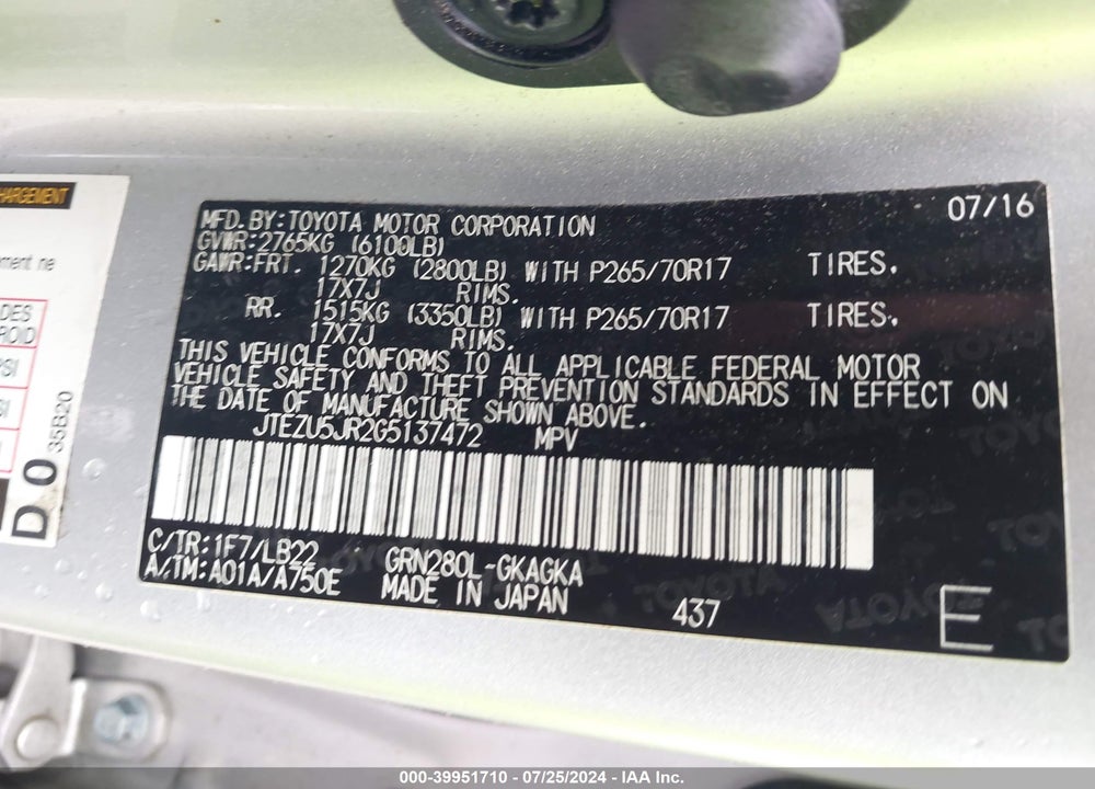 2016 TOYOTA 4RUNNER SR5 VIN: JTEZU5JR2G5137472