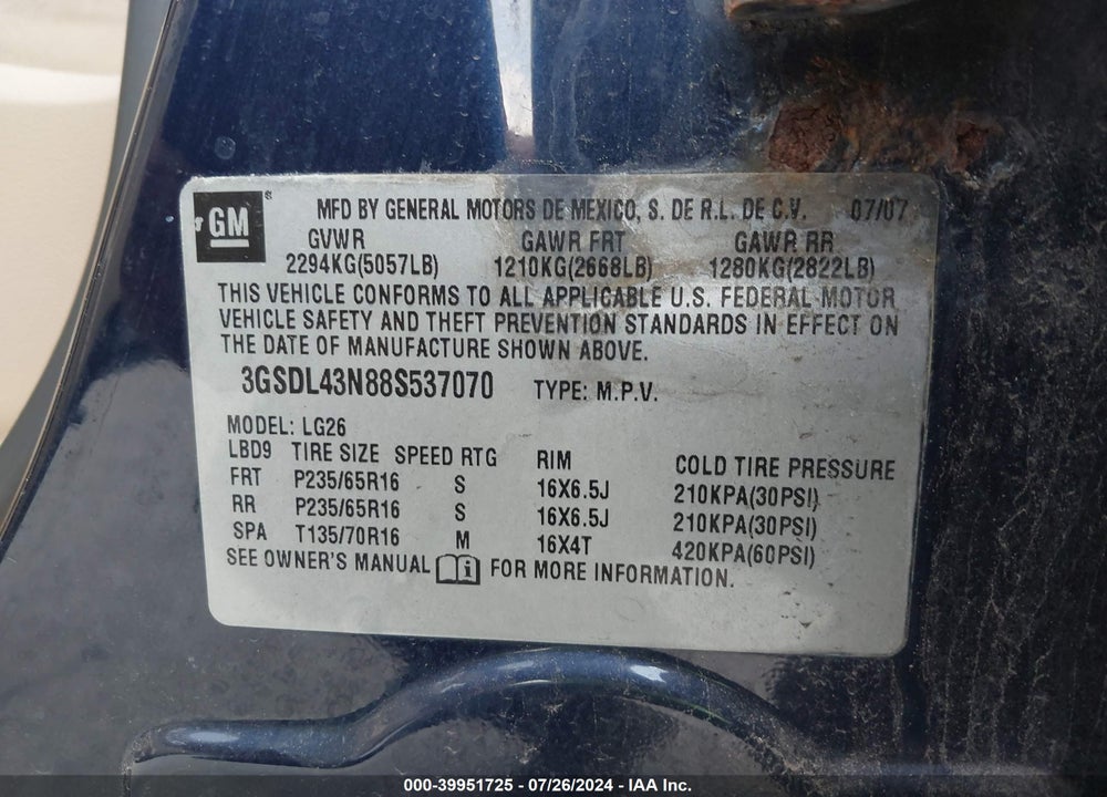 2008 SATURN VUE V6 XE VIN: 3GSDL43N88S537070